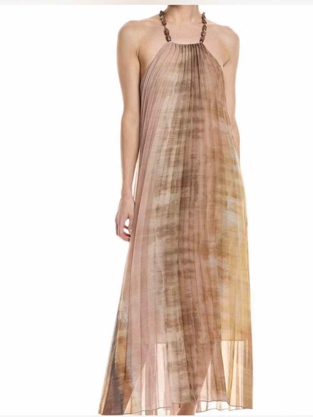 Zara Pleated Halter Maxi Dress in Taupe and Beige Wash
